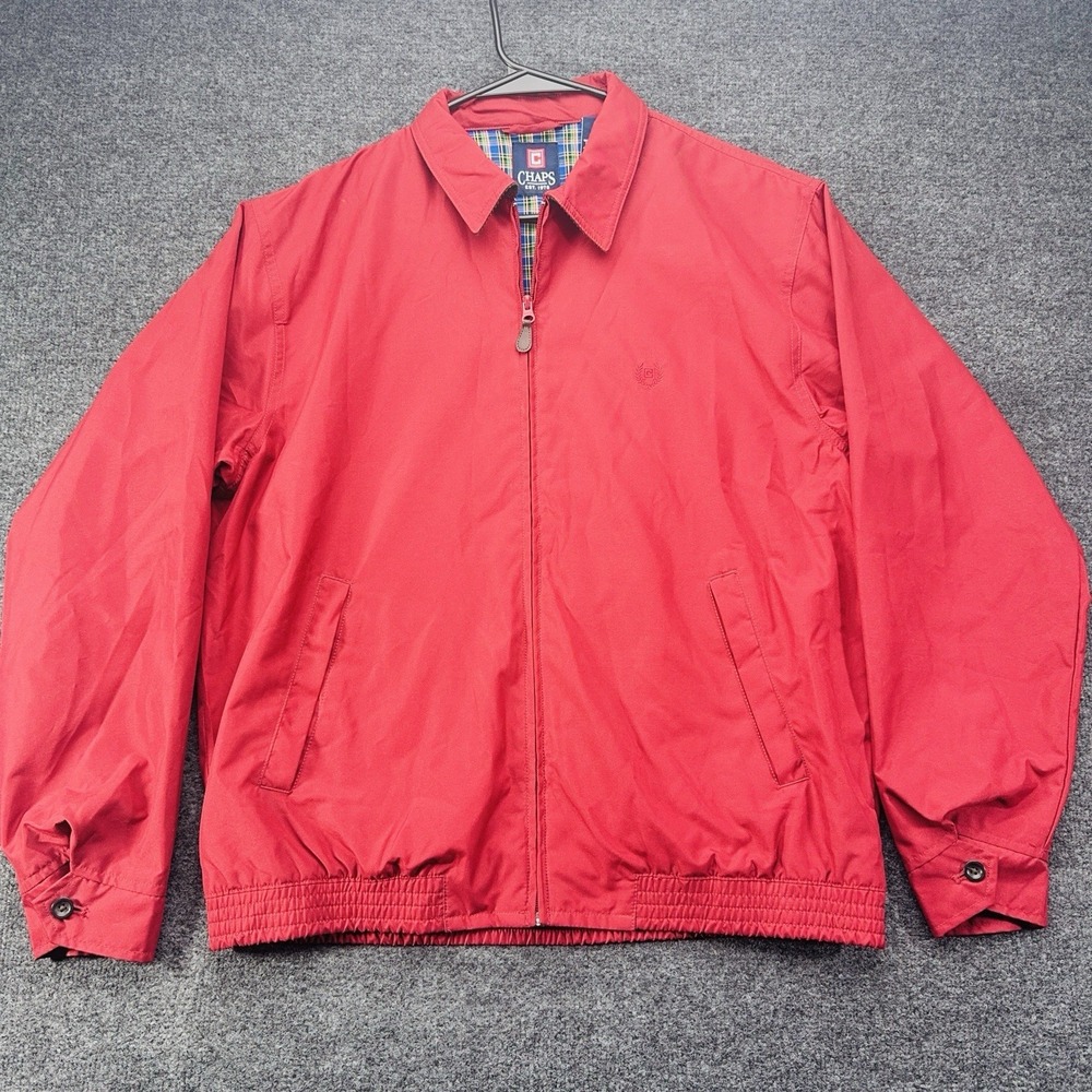 VTG Chaps Jacket Mens Medium Red Full Zip Plaid Lined Bomber